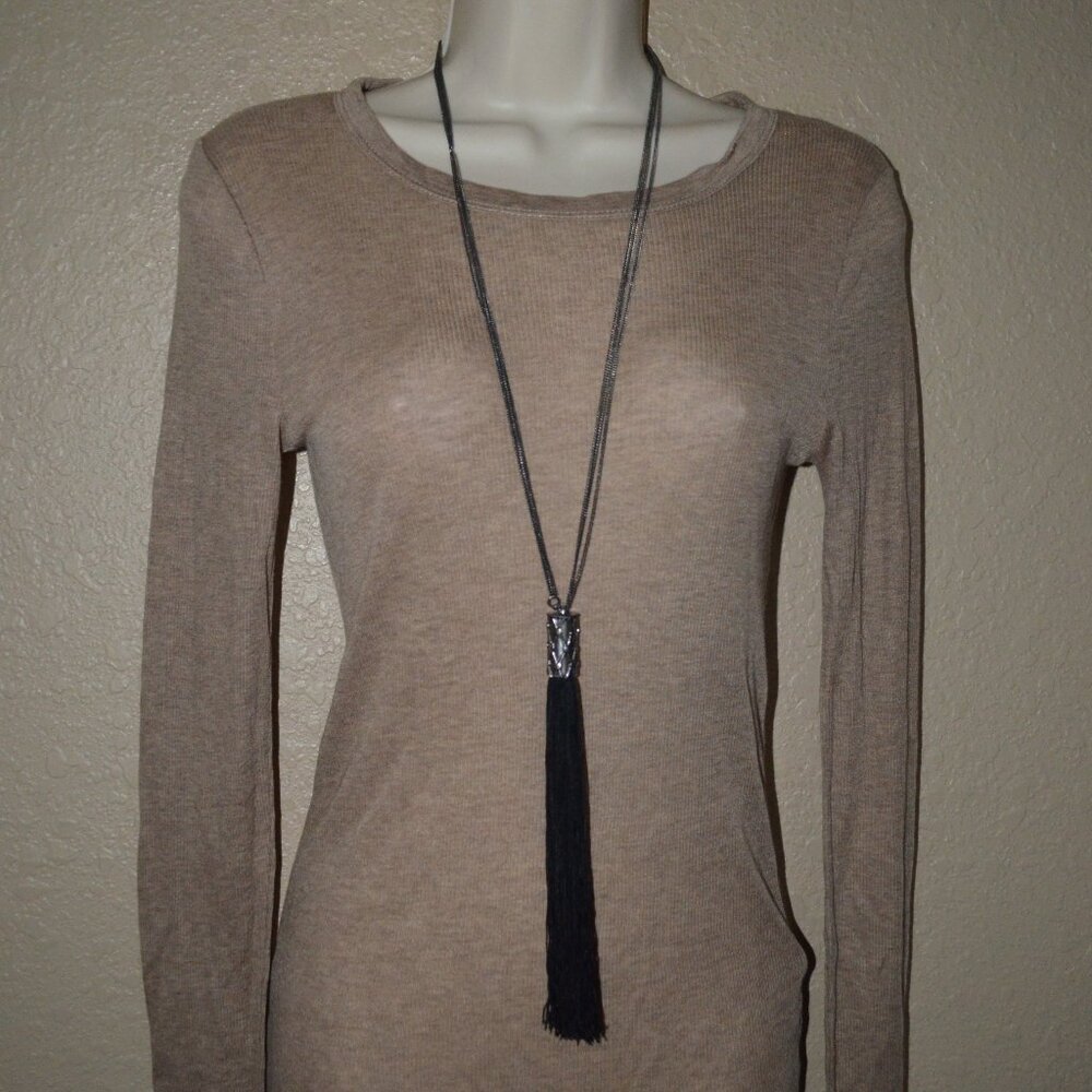 YSL Yves Saint Laurent Black Tassel Silver Chain Necklace